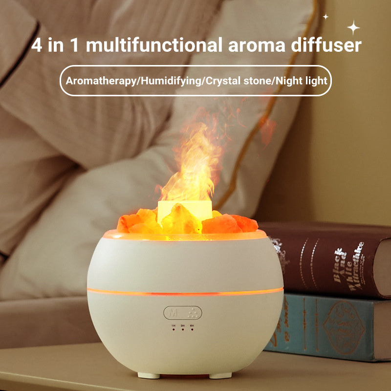 Salt Stone Flame Aromatherapy Humidifier USB Powered 0.5L Round Ultrasonic Quiet 2 To 8 Hour Timer