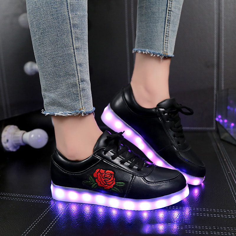 LED Platform Sneakers - Unisex Rose Applique Light Up Shoes