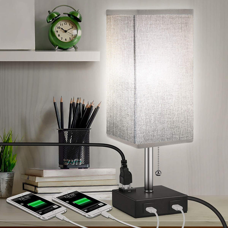 Luxe Bedroom Cozy Fabric Table Lamp with charging ports for phone
