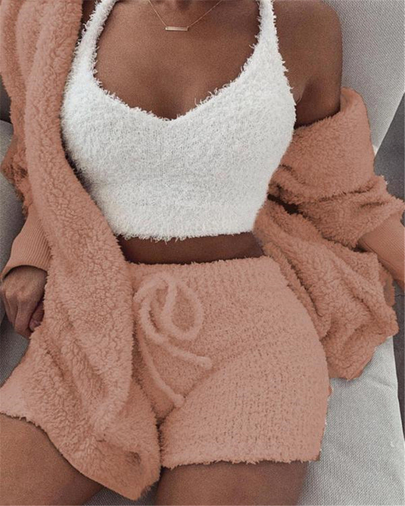 3-Piece Women's Pajama Set - Long Sleeve Crop Top & Drawstring Shorts Lounge Set