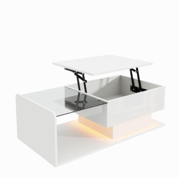 Coffee Table, High-Gloss White, Side Table, Coffee Table With Glass And LED Effect, With Glass Top