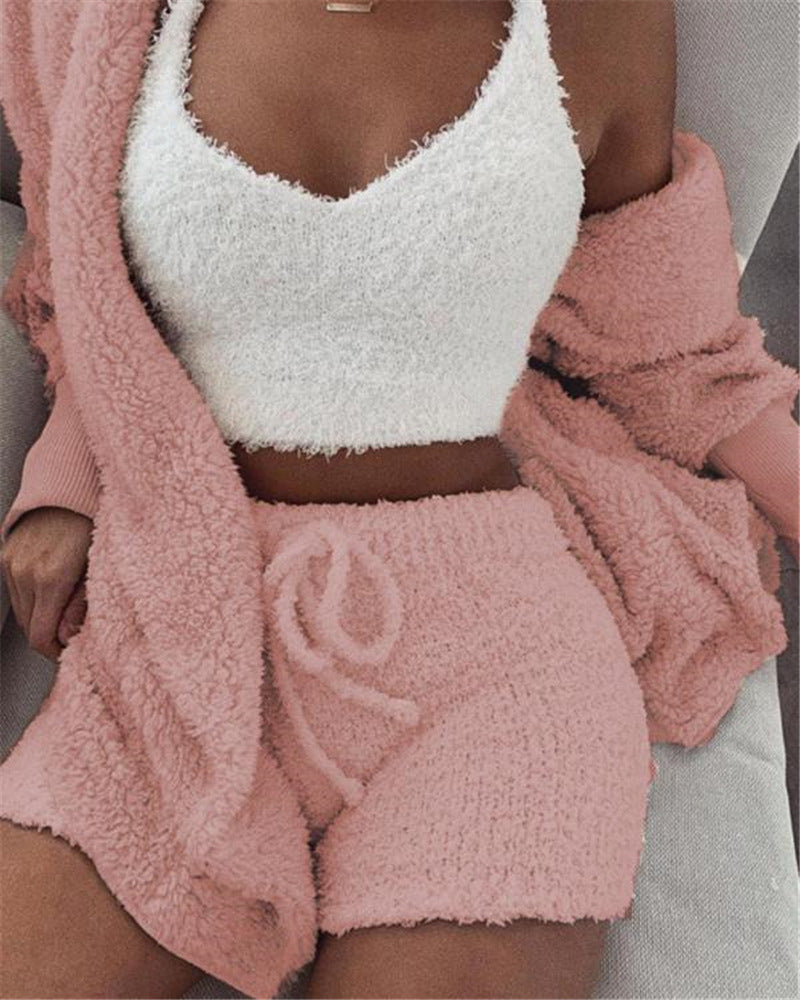 3-Piece Women's Pajama Set - Long Sleeve Crop Top & Drawstring Shorts Lounge Set