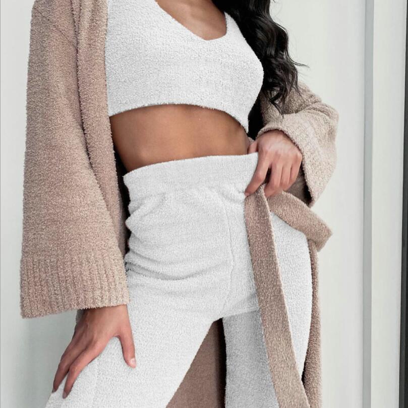 3-Piece Women's Pajama Set - Long Sleeve Crop Top & Drawstring Shorts Lounge Set