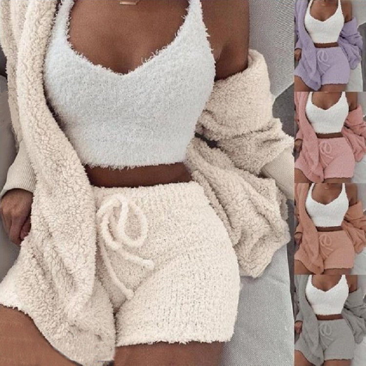 3-Piece Women's Pajama Set - Long Sleeve Crop Top & Drawstring Shorts Lounge Set