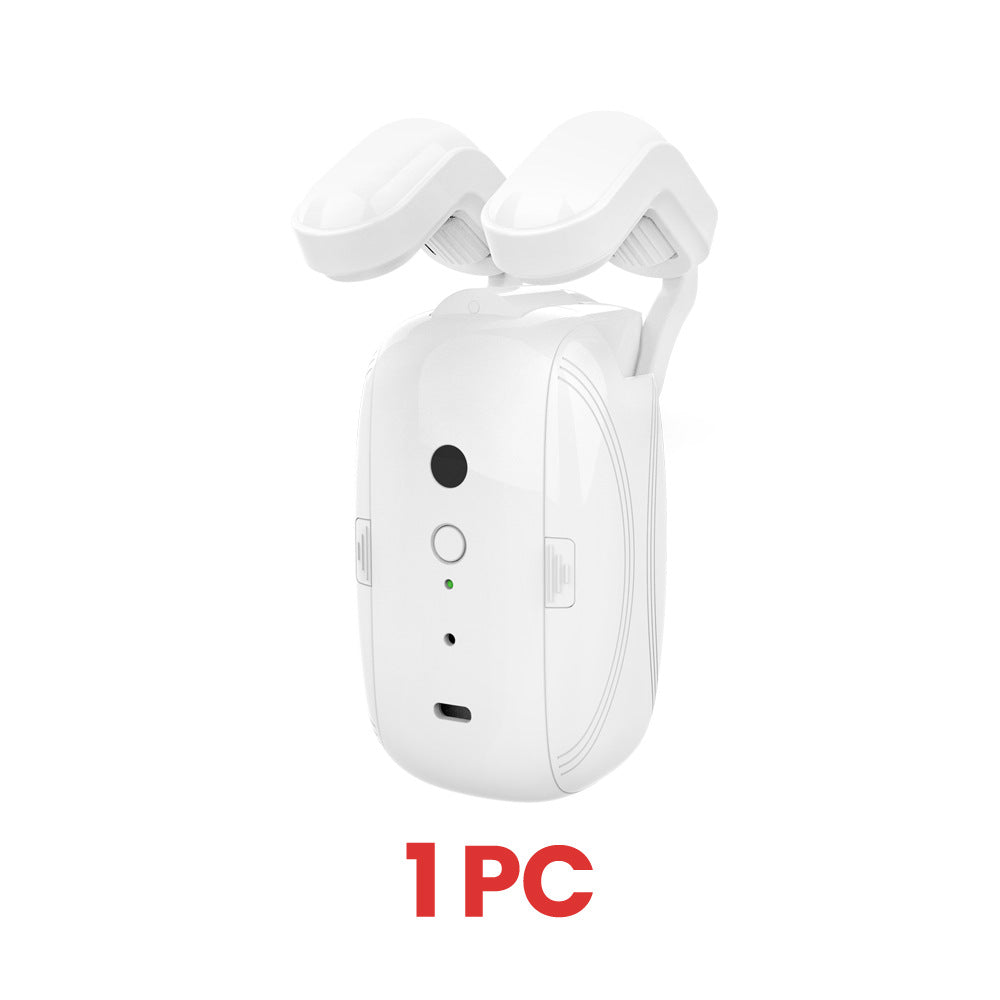 White smart curtain robot with dual arm attachments and control buttons on a white background.