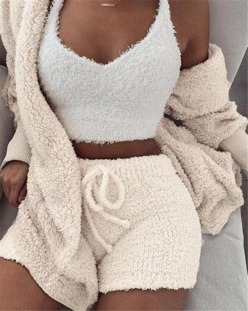 3-Piece Women's Pajama Set - Long Sleeve Crop Top & Drawstring Shorts Lounge Set