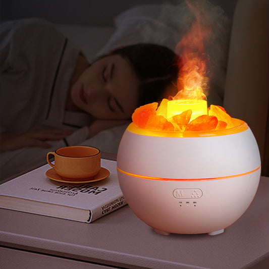 Salt Stone Flame Aromatherapy Humidifier USB Powered 0.5L Round Ultrasonic Quiet 2 To 8 Hour Timer