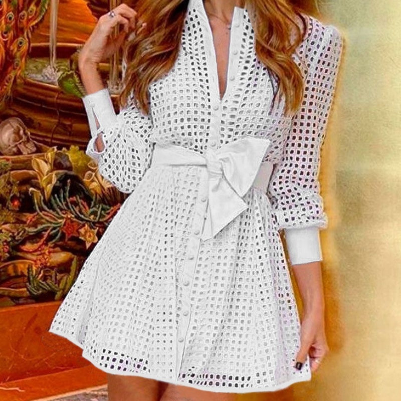 White Mesh Long Sleeve Shirt Dress - Fitted Waist Button Down Dress