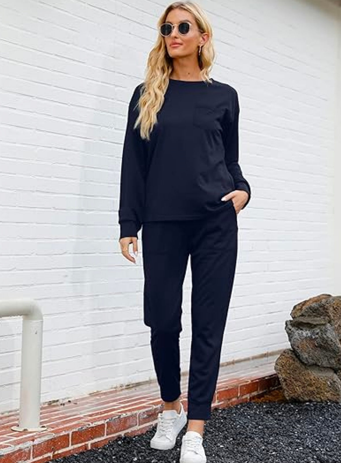 Women’s Casual Chic Lounge Set – Long Sleeve Pullover Top & Drawstring Pants with Pockets – Effortless Style & Comfort”