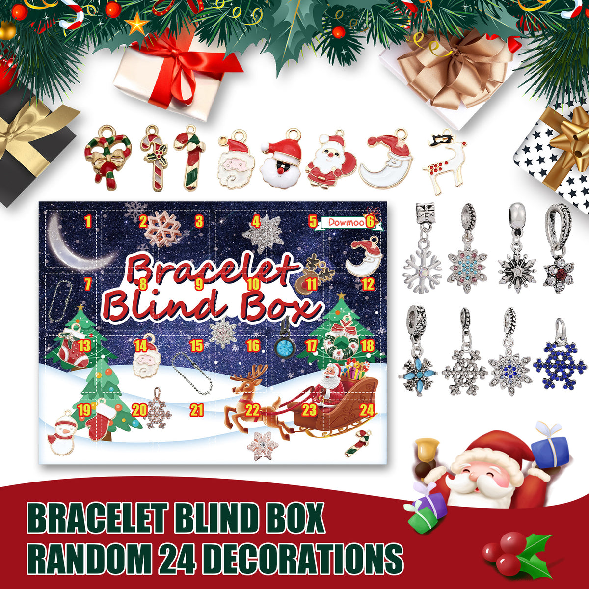 Christmas advent calendar with 24 numbered doors and various holiday charms including Santa and snowflakes.
