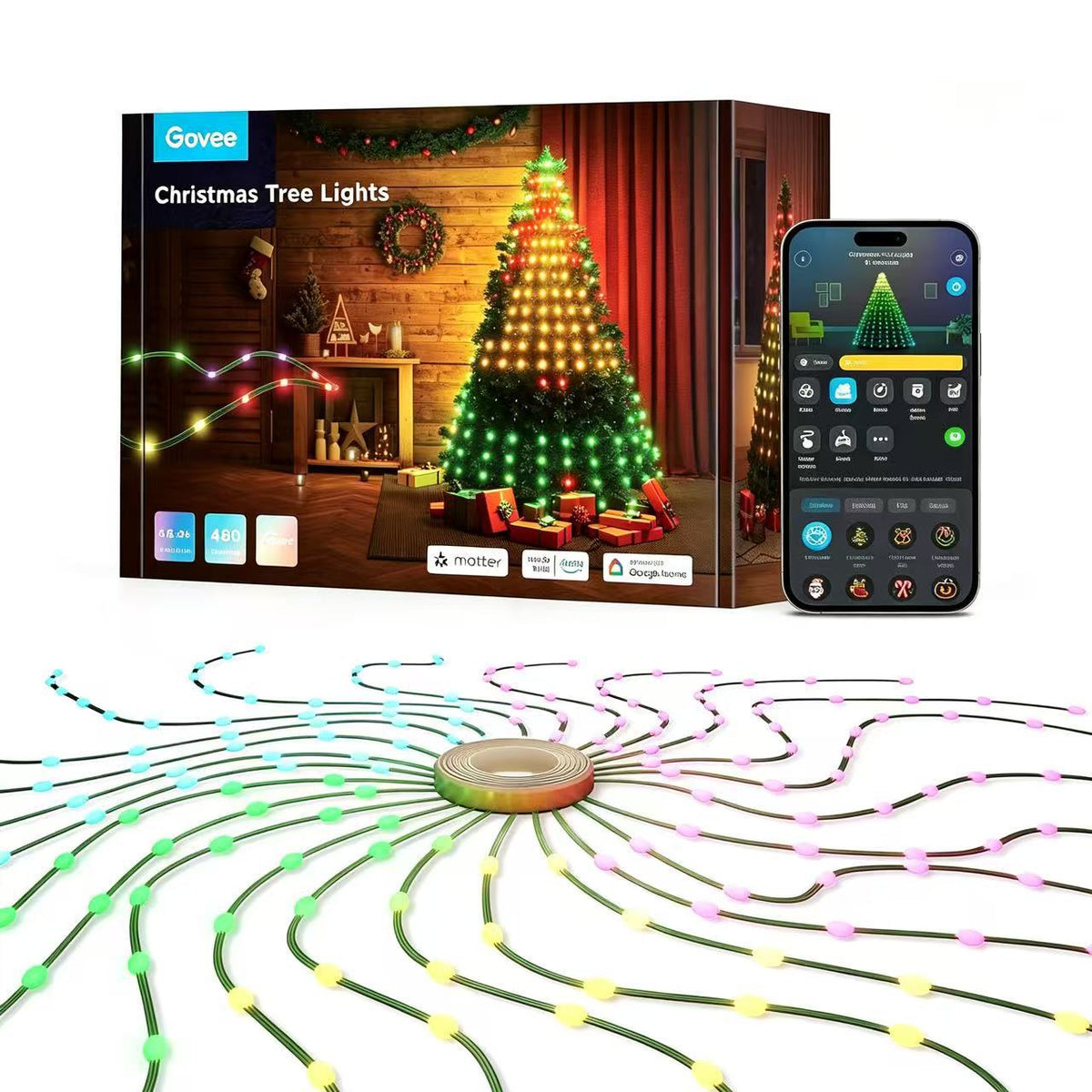 Christmas tree lights product box with smartphone app display next to coiled multicolor light strands on the floor.