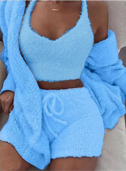 3-Piece Women's Pajama Set - Long Sleeve Crop Top & Drawstring Shorts Lounge Set