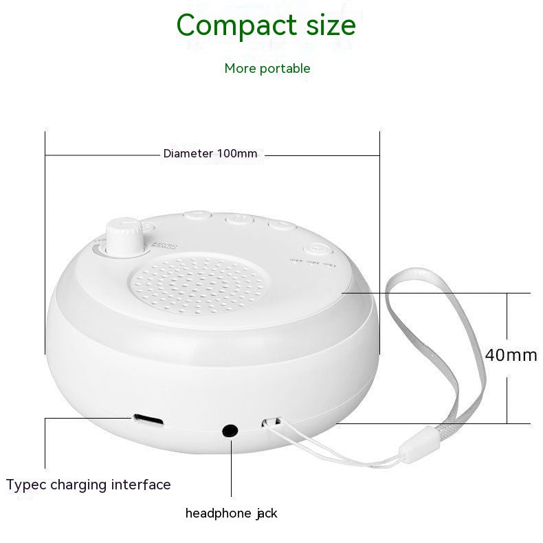 White noise sound machine showing dimensions of 100mm diameter and 40mm height with a wrist strap and control knob