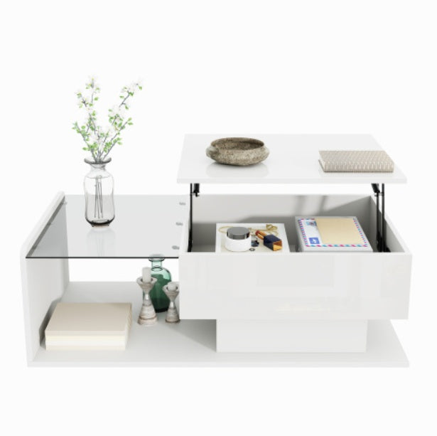 Coffee Table, High-Gloss White, Side Table, Coffee Table With Glass And LED Effect, With Glass Top