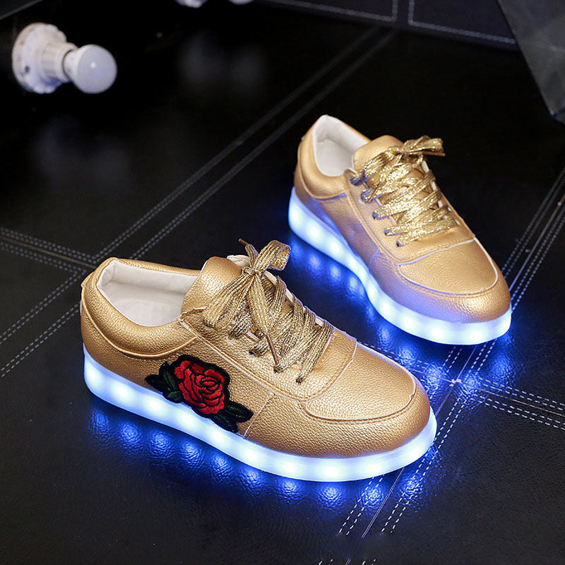 LED Platform Sneakers - Unisex Rose Applique Light Up Shoes