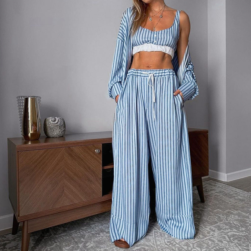 This Is Your Perfect Luxurious Three Piece Suit Set With Striped Tank Top Long Sleeve Shirt And Elastic Waist Trousers.