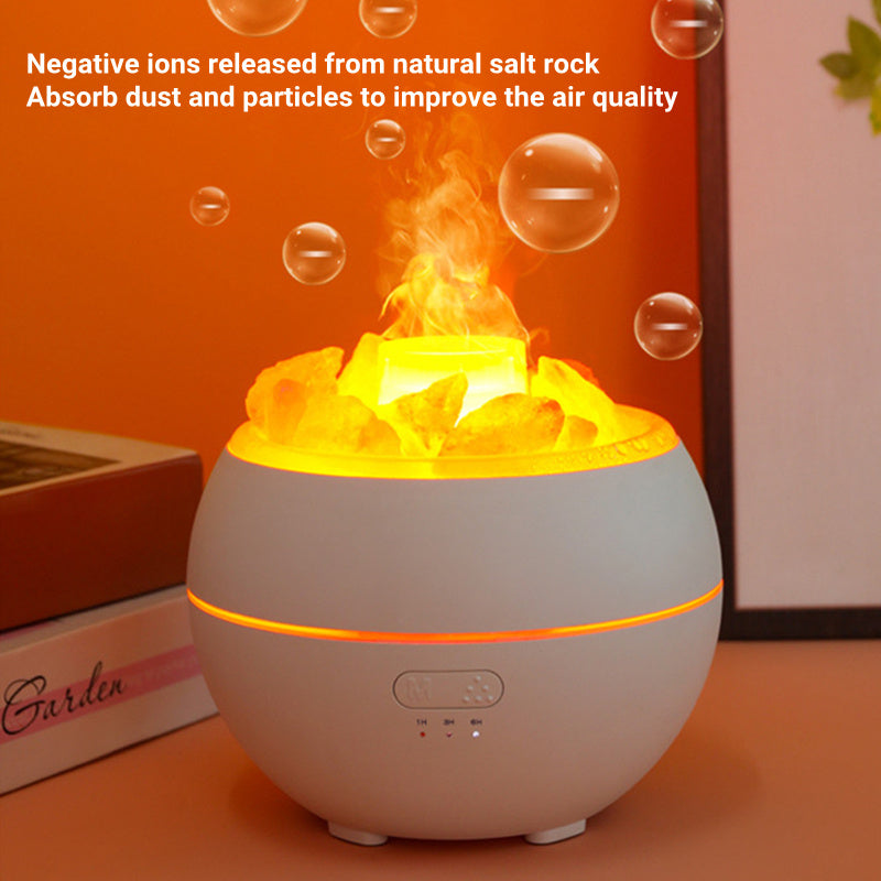 Salt Stone Flame Aromatherapy Humidifier USB Powered 0.5L Round Ultrasonic Quiet 2 To 8 Hour Timer