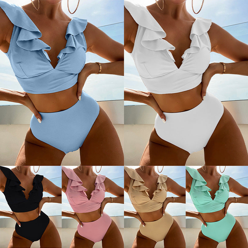 Lace Deep V-Neck Split Swimsuit Bikini - Elegant Two-Piece Beach Swimwear
