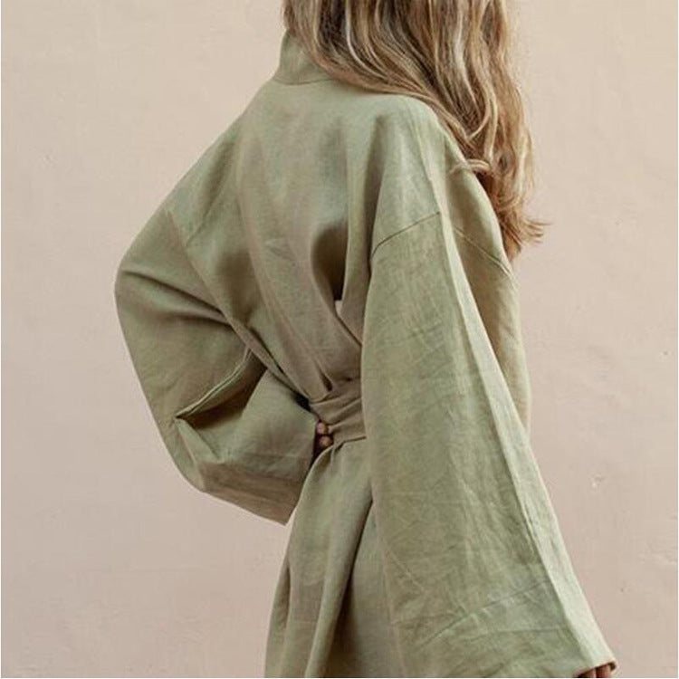 Sage green flowy linen blend shirt skirt with waist tie details for casual daily wear.