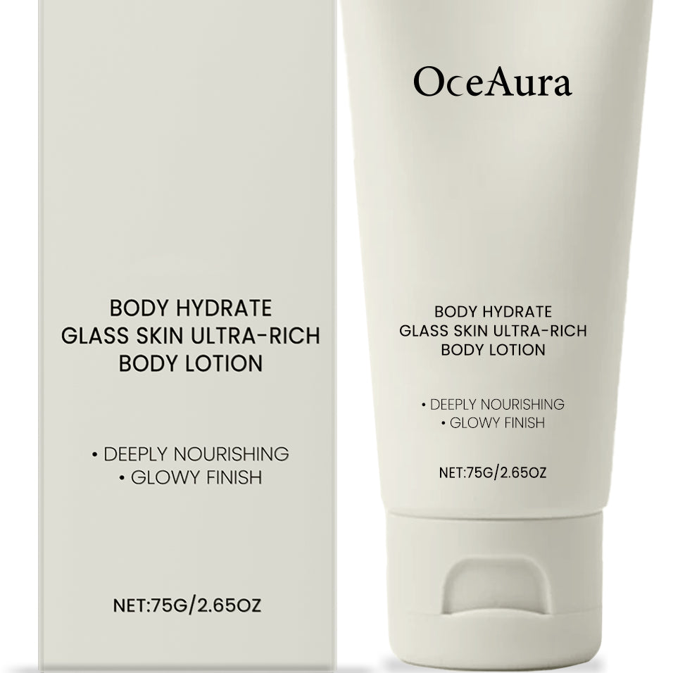 Off-white body lotion tube and matching box labeled Body Hydrate Glass Skin Ultra-Rich Body Lotion.