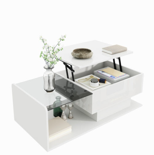 Coffee Table, High-Gloss White, Side Table, Coffee Table With Glass And LED Effect, With Glass Top