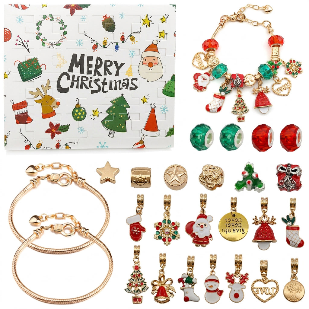 Christmas charm bracelet kit with advent calendar box, two gold-tone bracelets, and various holiday beads and charms.