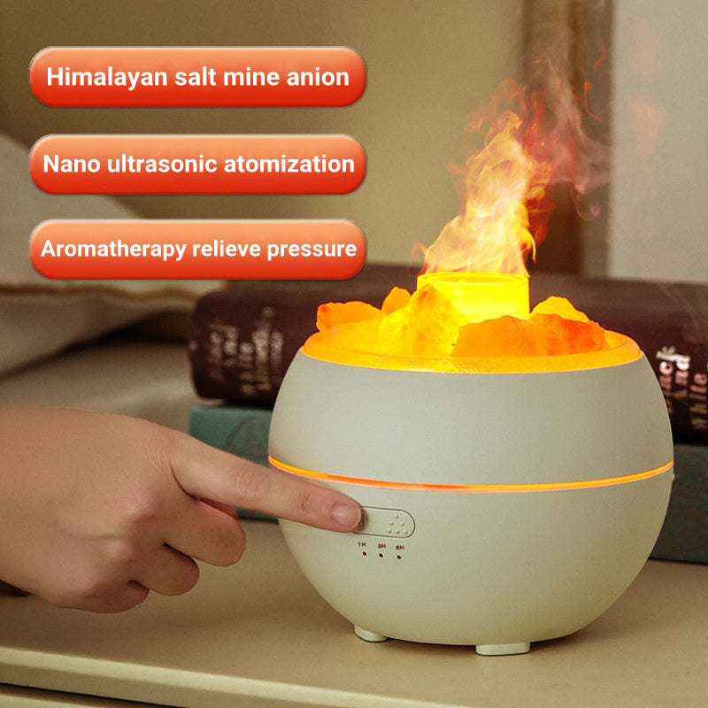 Salt Stone Flame Aromatherapy Humidifier USB Powered 0.5L Round Ultrasonic Quiet 2 To 8 Hour Timer
