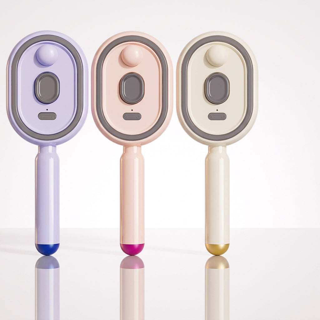 Three scalp massage brushes in purple, pink, and cream with handles and control buttons.