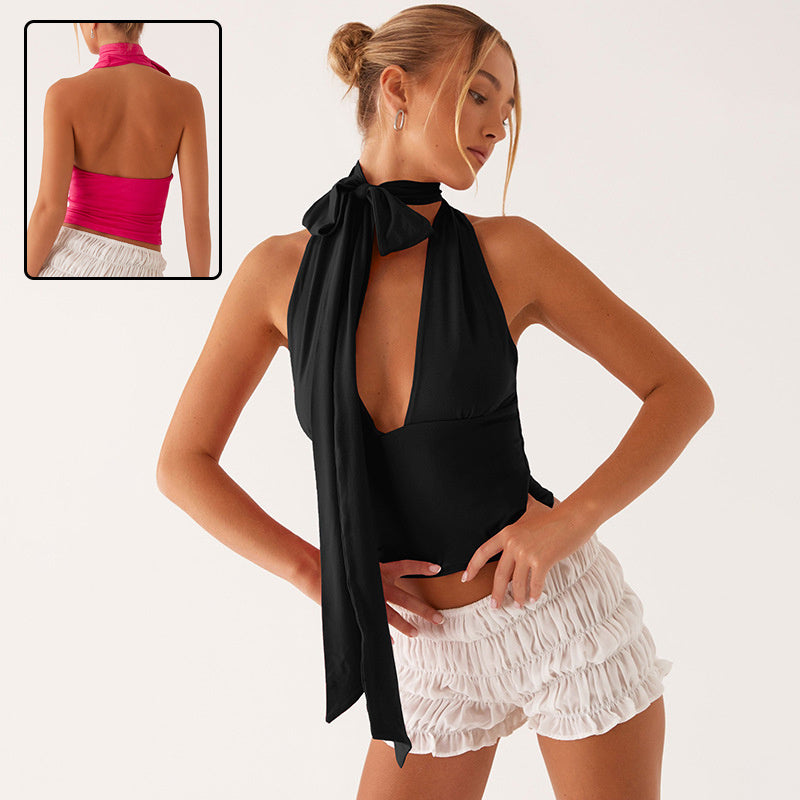 It's Your Perfect Deep V Neck Halter Top Crafted From Premium Milk Silk Blend For Sophisticated Summer Luxury.