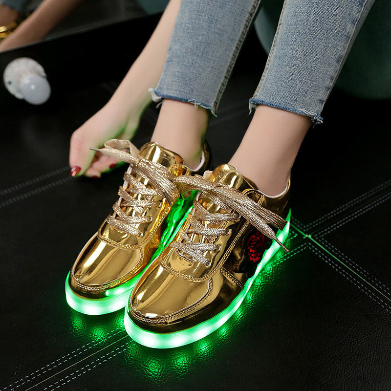 LED Platform Sneakers - Unisex Rose Applique Light Up Shoes