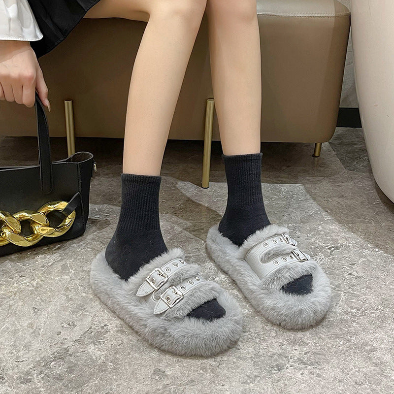 Leather Metal Fluffy Slippers Women's Outer Wear