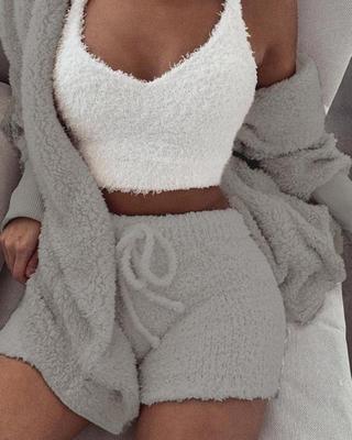 3-Piece Women's Pajama Set - Long Sleeve Crop Top & Drawstring Shorts Lounge Set