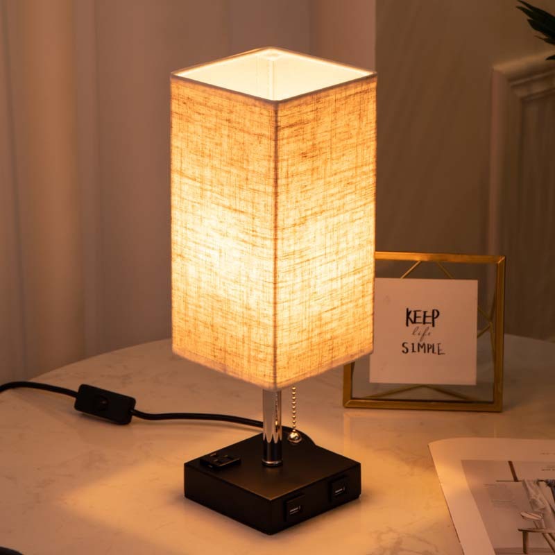Luxe Bedroom Cozy Fabric Table Lamp with charging ports for phone