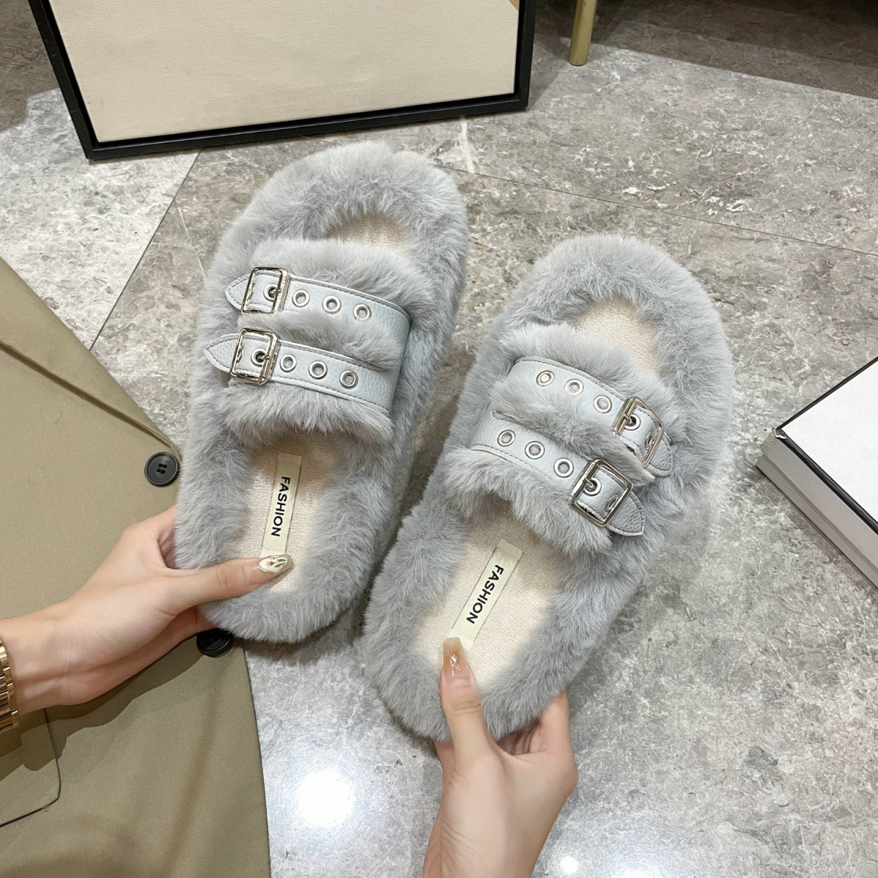 Leather Metal Fluffy Slippers Women's Outer Wear