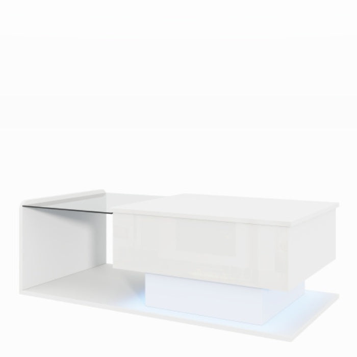 Coffee Table, High-Gloss White, Side Table, Coffee Table With Glass And LED Effect, With Glass Top