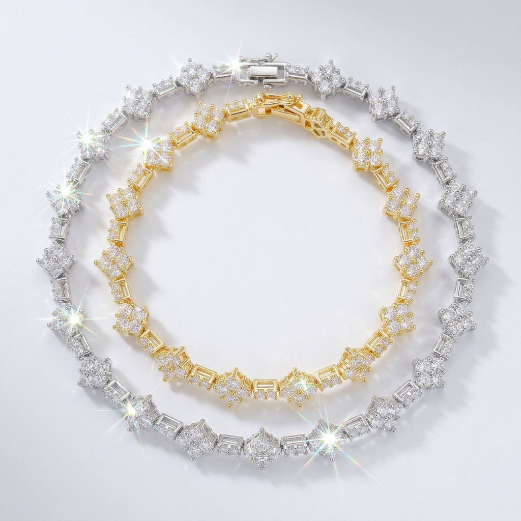 Unisex tennis bracelets set in silver and gold tones with zircon inlay and geometric links (2-piece set)