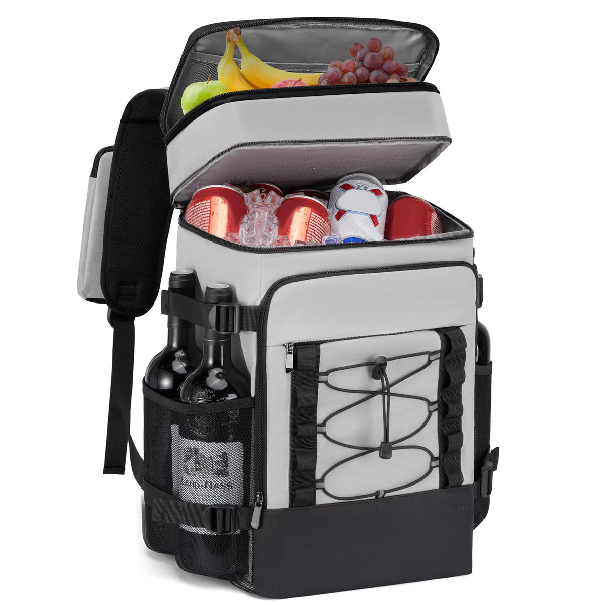 Open cooler backpack packed with canned drinks, fruit and wine