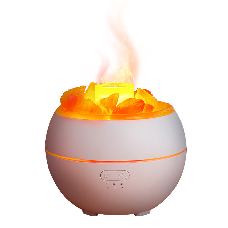 Salt Stone Flame Aromatherapy Humidifier USB Powered 0.5L Round Ultrasonic Quiet 2 To 8 Hour Timer