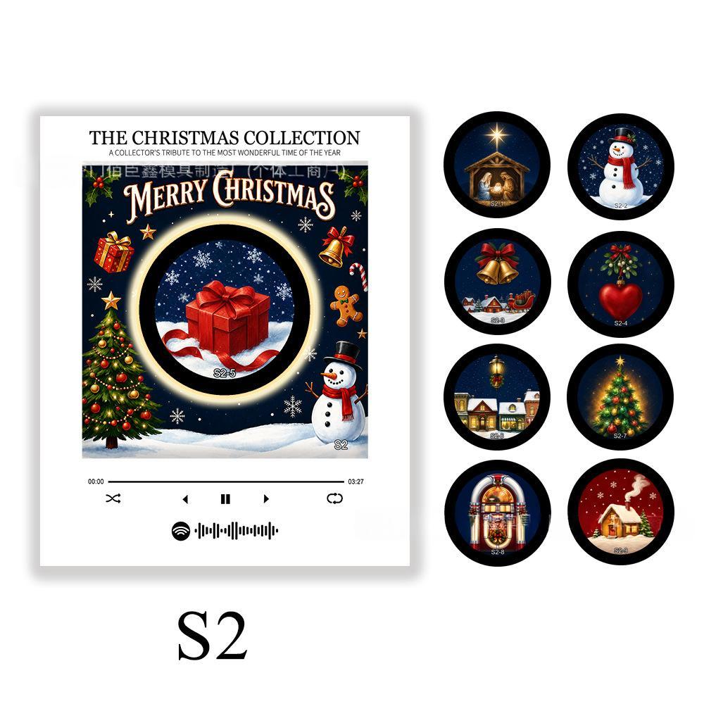 Merry Christmas music player with gift and snowman artwork and round carol discs, style S2.