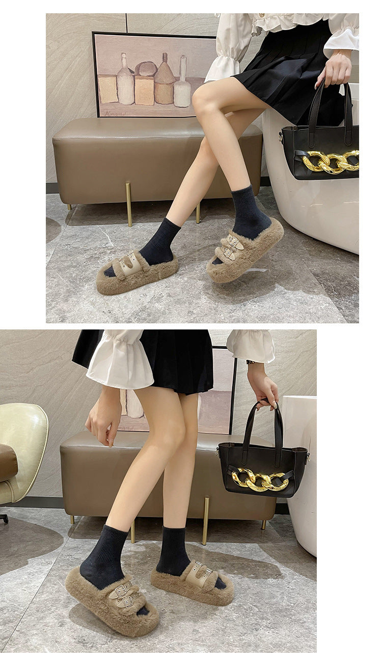 Leather Metal Fluffy Slippers Women's Outer Wear
