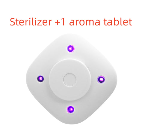 White square LED home decor device with four purple UV sterilization lights for bathroom night lighting.