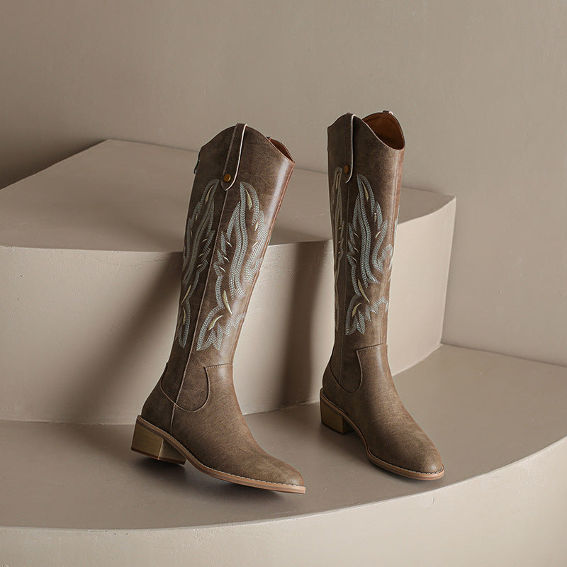 Retro Chunky Heel Embroidery Western Cowboy Boots for Women - Vintage Style Statement Boots