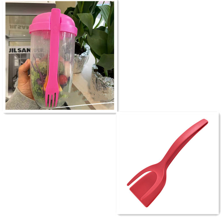 Clear salad cup with pink lid and attached fork holding chopped vegetables