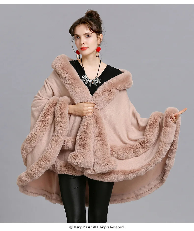 7 Women 2 Circle Fur Poncho Shawl Cloak With Hat Faux Fur Cape Big Pendulum Dovetail Cardigan Winter Warm Thick Loose Overcoat