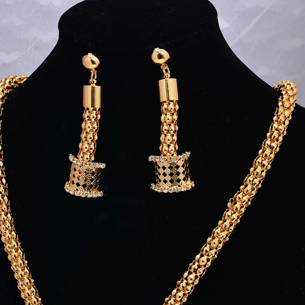24K Jewelry Set Dubai Gold Color Jewelry Sets For women Necklace Earrings Bracelet Ring African Zircon Stone wedding Gifts set