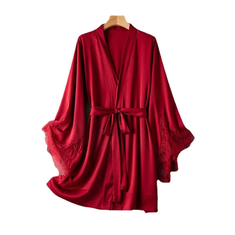 Luxe Robe With Lace Satin Women Nightgown Kimono Bathrobe Gown Pink Nightdress Bride Bridesmaid Wedding Gown Home Clothes