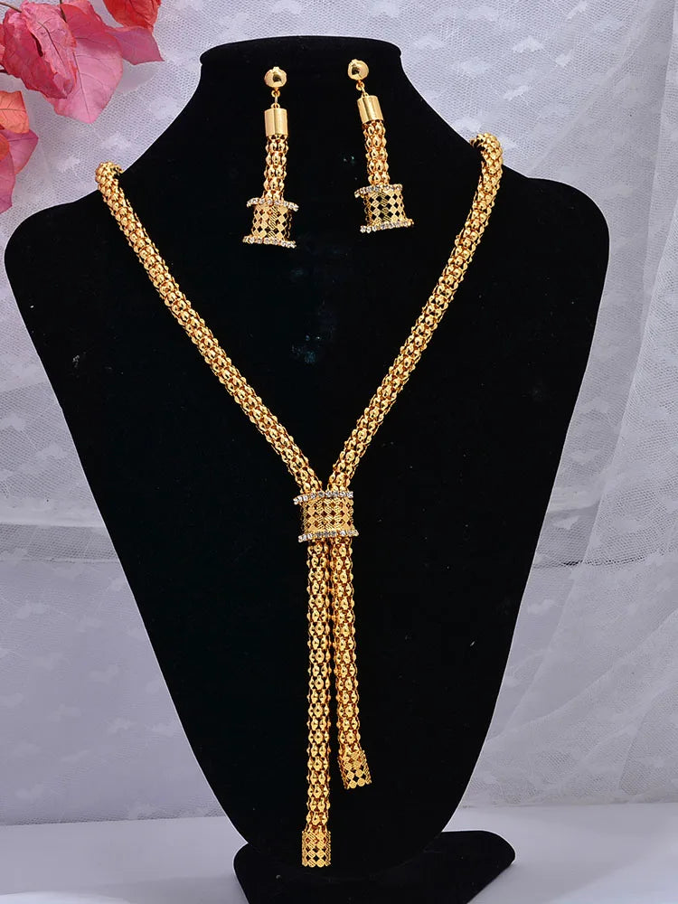 24K Jewelry Set Dubai Gold Color Jewelry Sets For women Necklace Earrings Bracelet Ring African Zircon Stone wedding Gifts set