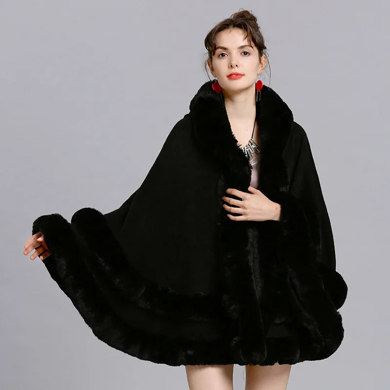 7 Women 2 Circle Fur Poncho Shawl Cloak With Hat Faux Fur Cape Big Pendulum Dovetail Cardigan Winter Warm Thick Loose Overcoat