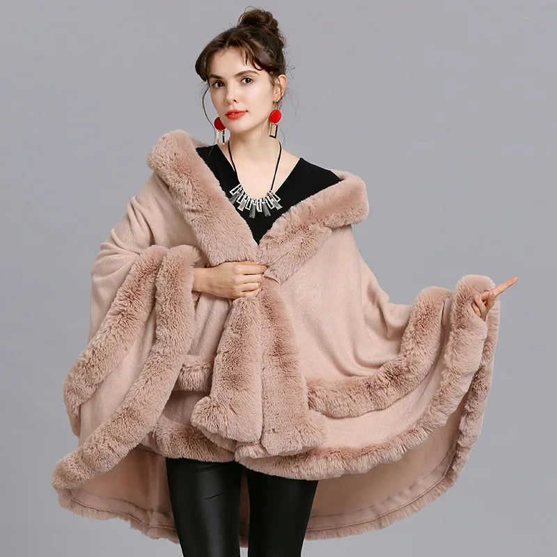 7 Women 2 Circle Fur Poncho Shawl Cloak With Hat Faux Fur Cape Big Pendulum Dovetail Cardigan Winter Warm Thick Loose Overcoat