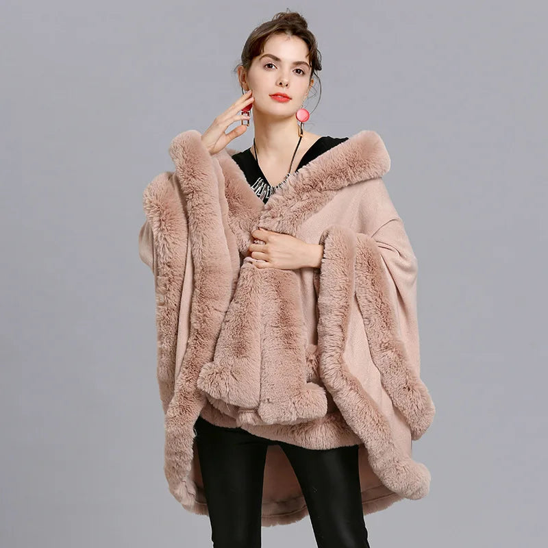 7 Women 2 Circle Fur Poncho Shawl Cloak With Hat Faux Fur Cape Big Pendulum Dovetail Cardigan Winter Warm Thick Loose Overcoat